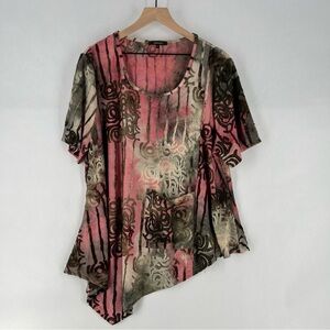 Radzoli Burnout Velvet Scoop Neck Asymmetrical Hem Short Sleeve Top Pocket